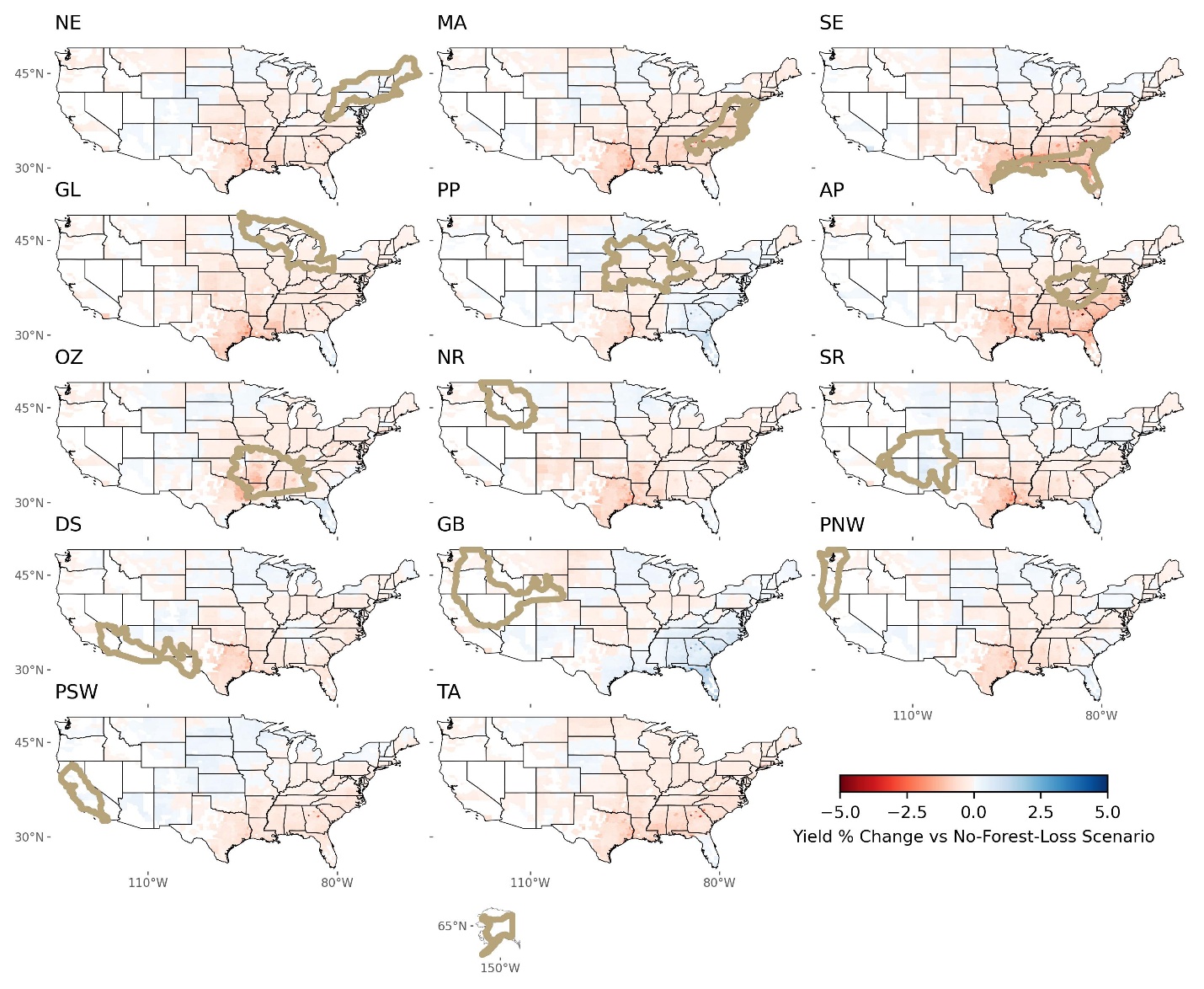 Figure 1: maps of U.S. dryland corn yield change under forest loss in each of 14 NEON regions